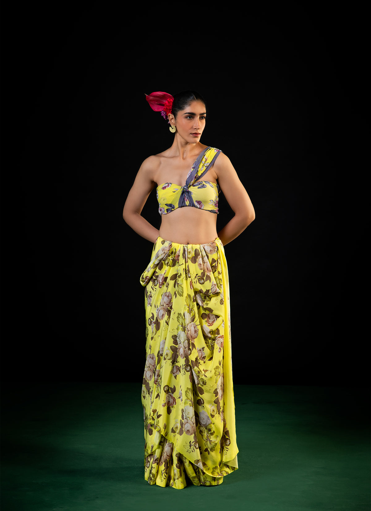 Mehfil - Lemon Floral Print Saree