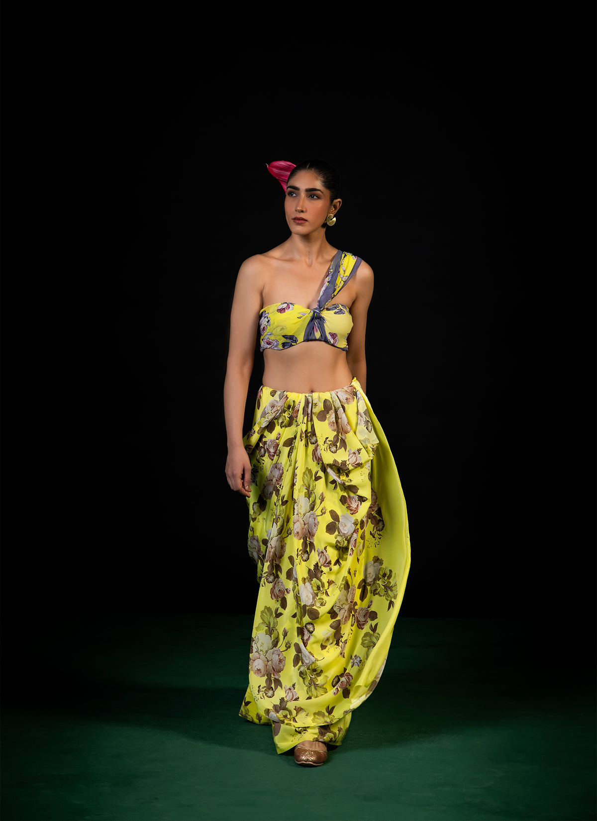 Mehfil - Lemon Floral Print Saree