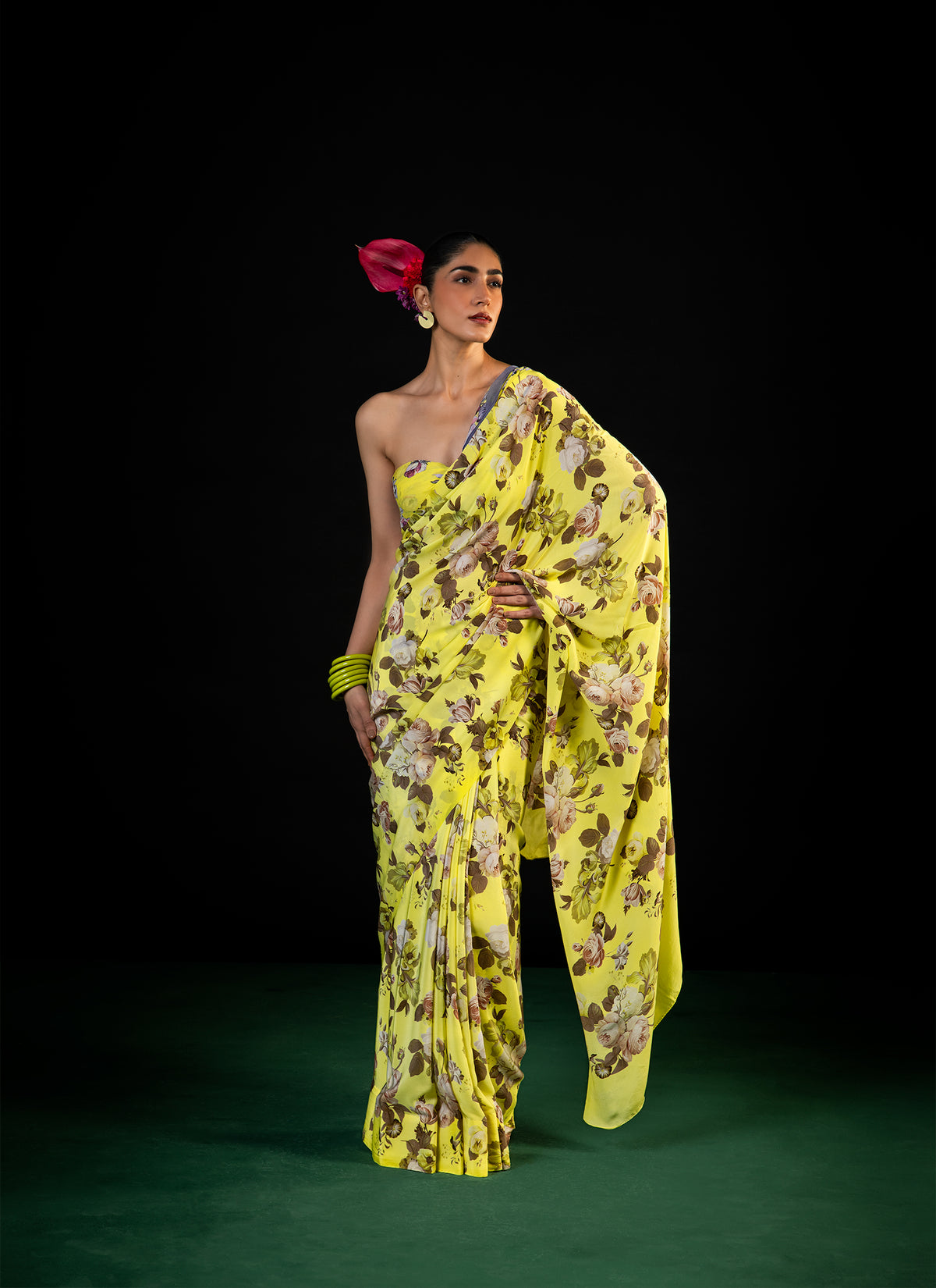 Mehfil - Lemon Floral Print Saree