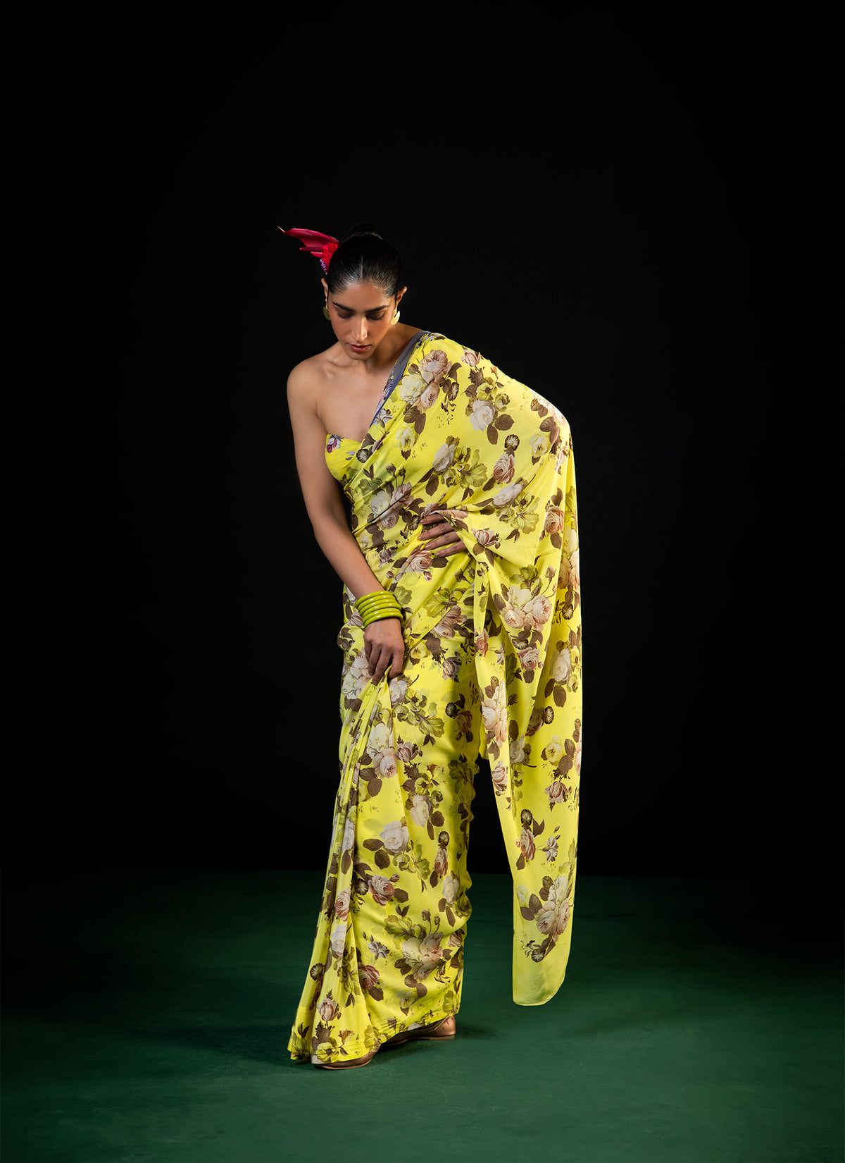 Mehfil - Lemon Floral Print Saree