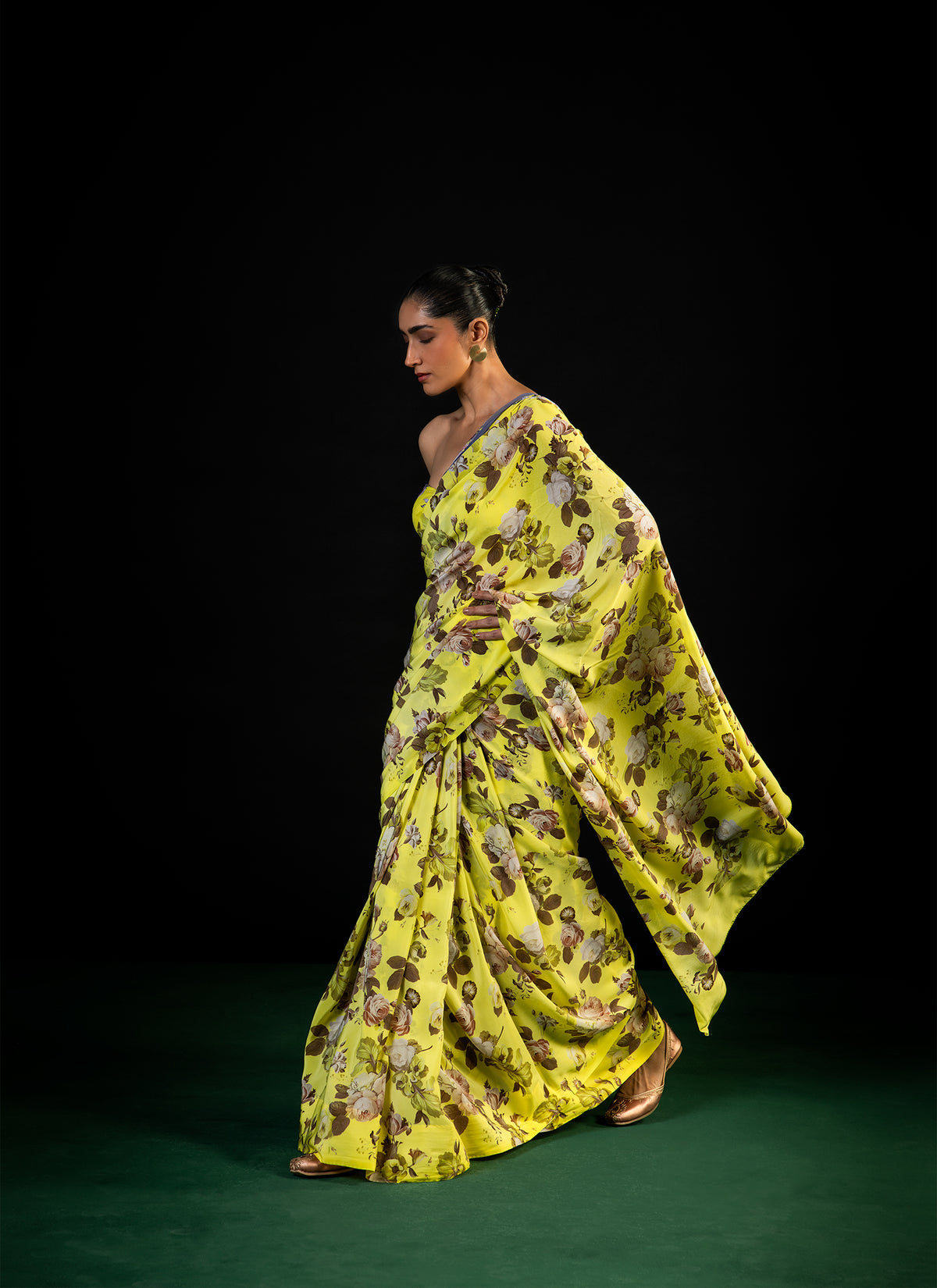 Mehfil - Lemon Floral Print Saree