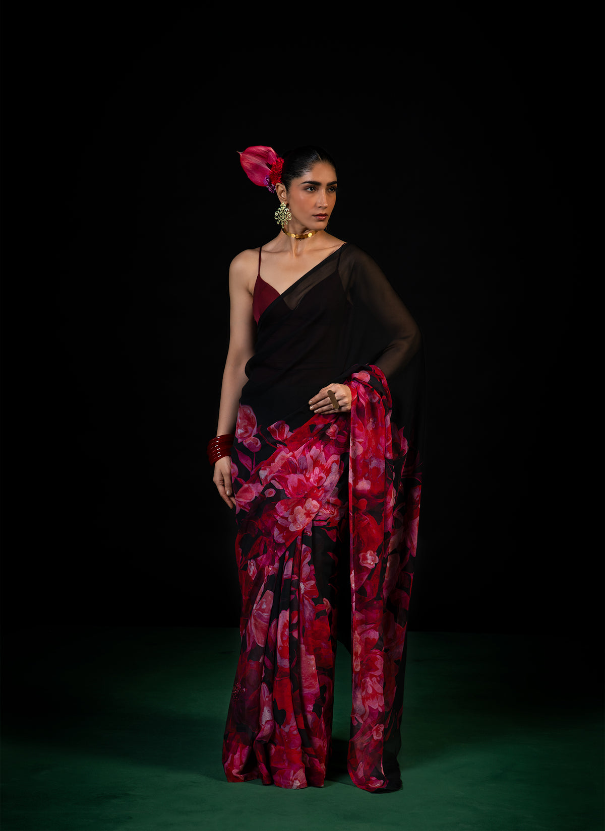 Sawan - Black Floral Print Saree