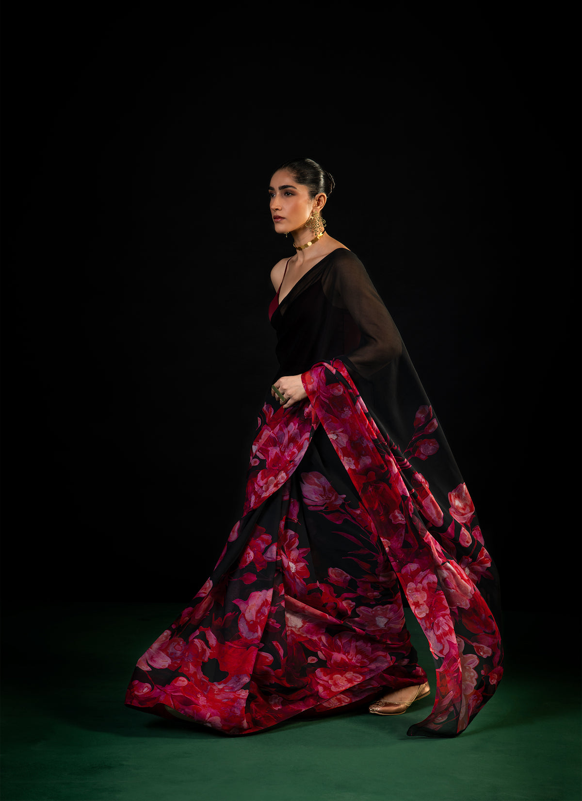 Sawan - Black Floral Print Saree