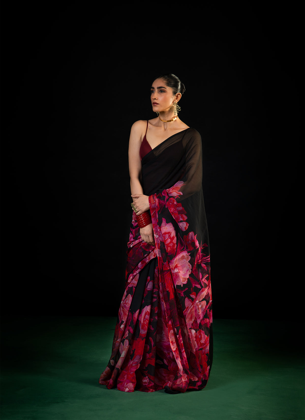 Sawan - Black Floral Print Saree