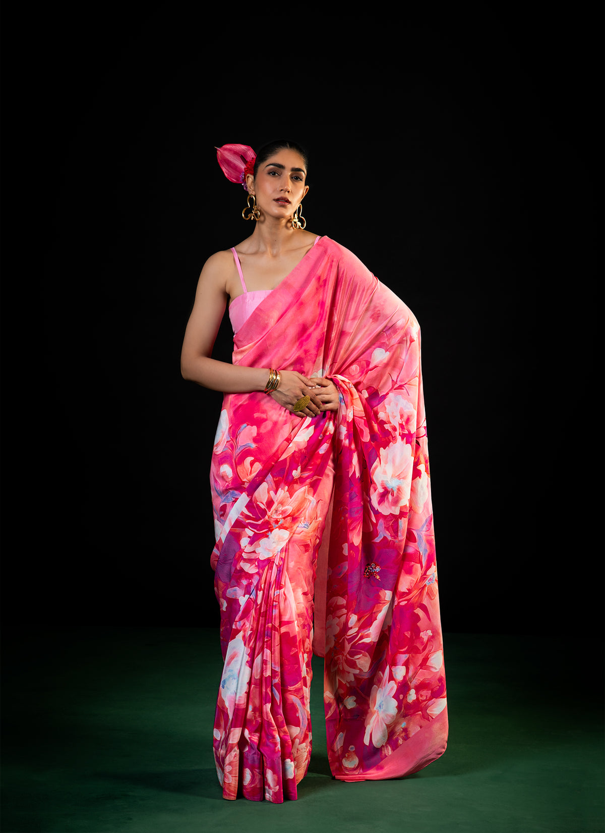 Sawan - Coral Floral Print Saree