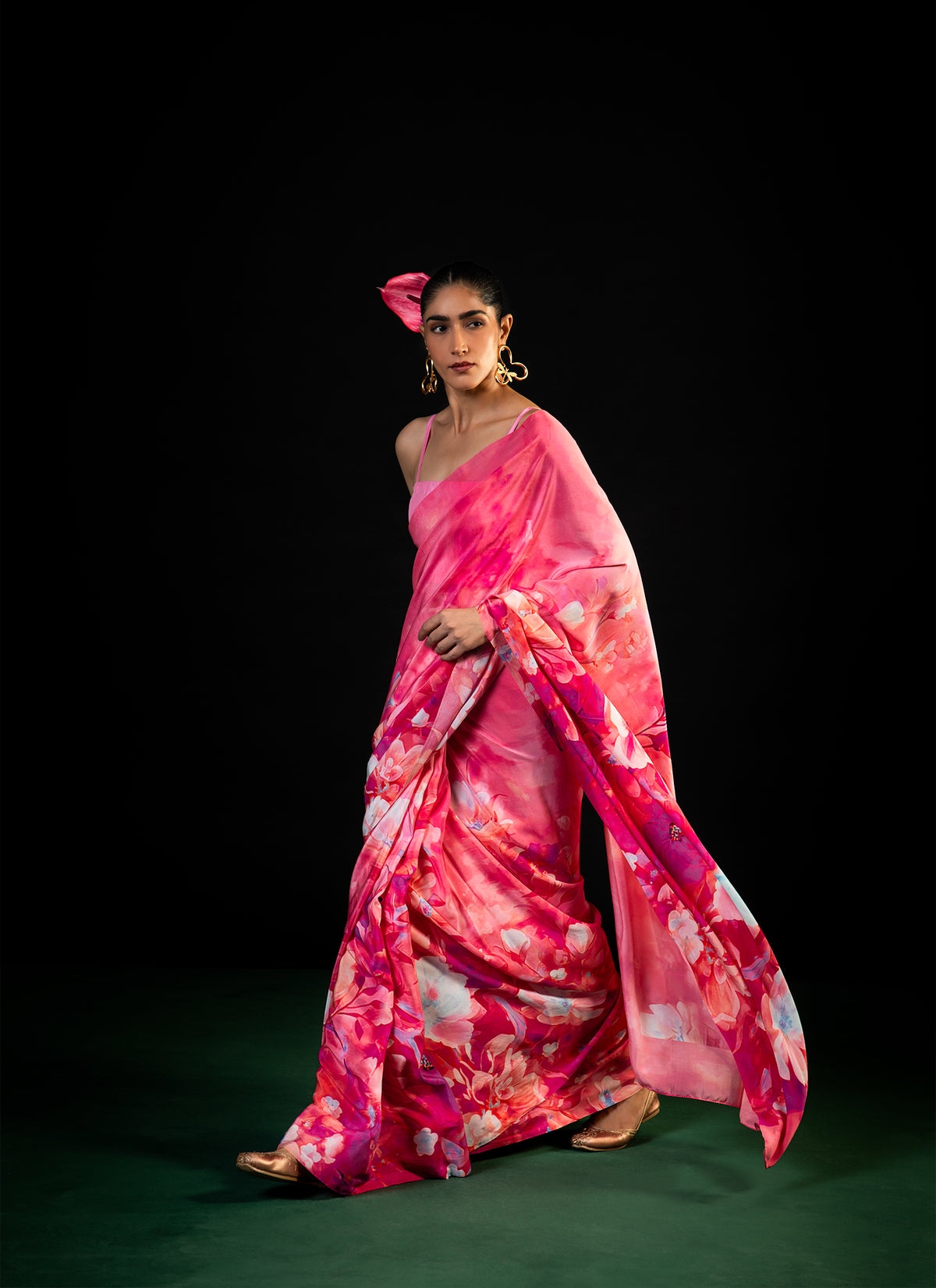 Sawan - Coral Floral Print Saree