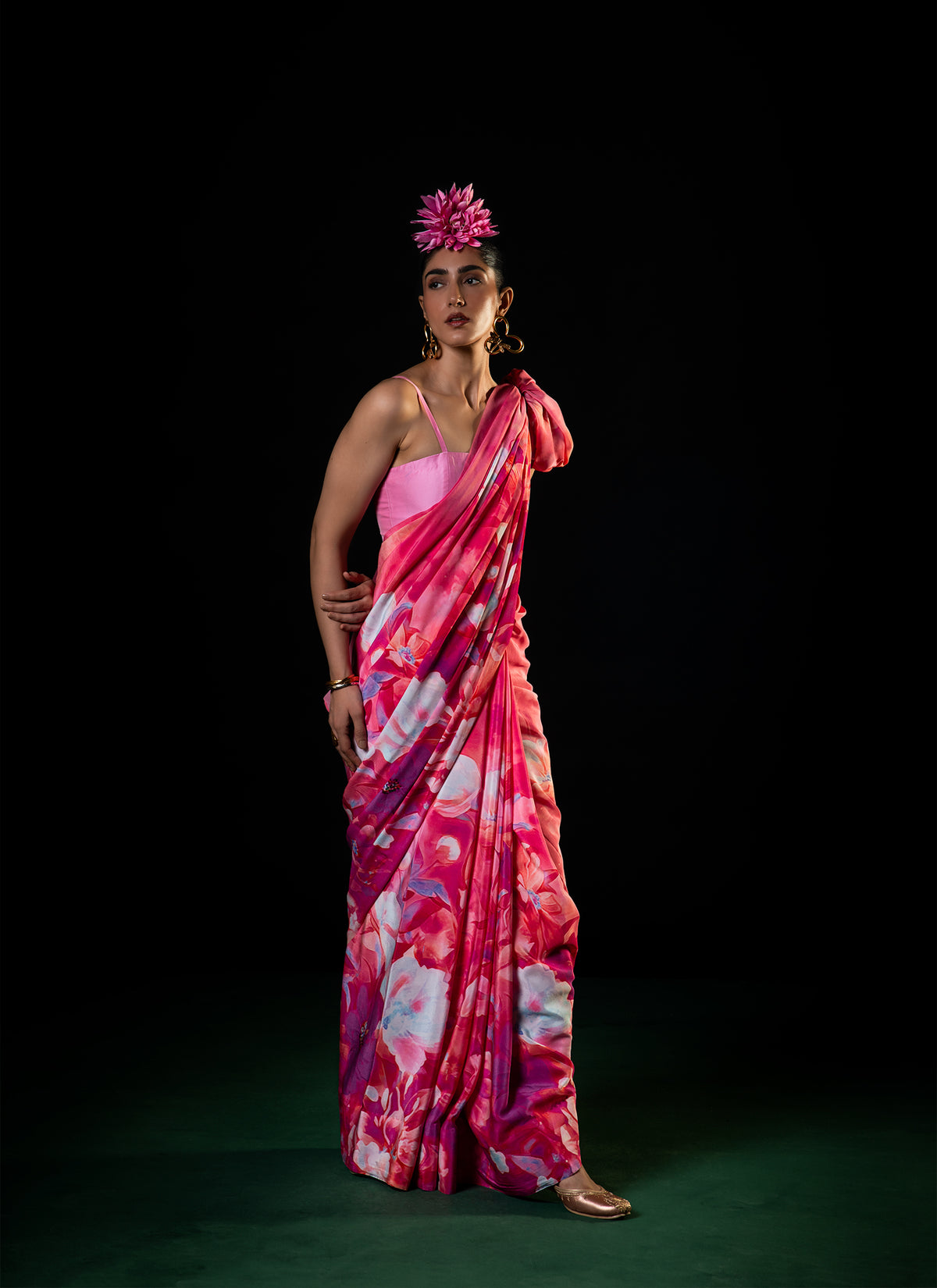 Sawan - Coral Floral Print Saree