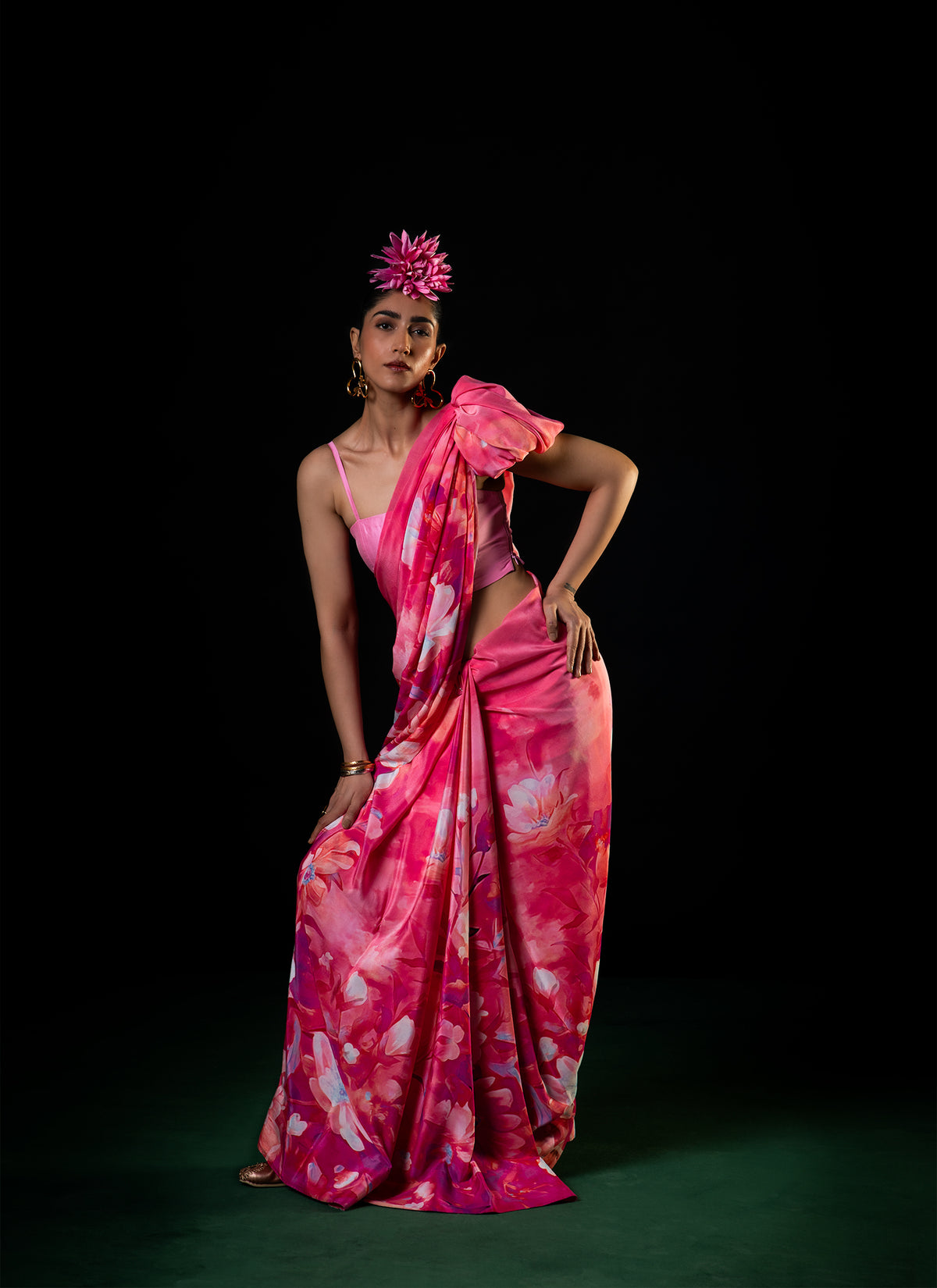 Sawan - Coral Floral Print Saree