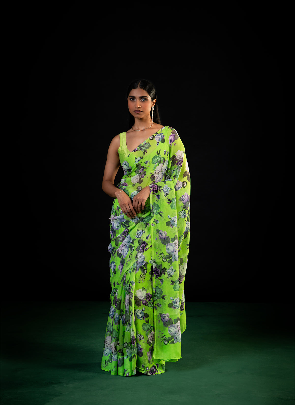 Mehfil - Parrot Green Floral Print Saree