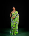 Mehfil - Parrot Green Floral Print Saree