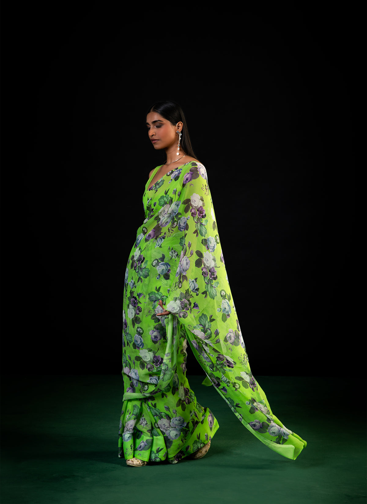 Mehfil - Parrot Green Floral Print Saree