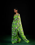 Mehfil - Parrot Green Floral Print Saree
