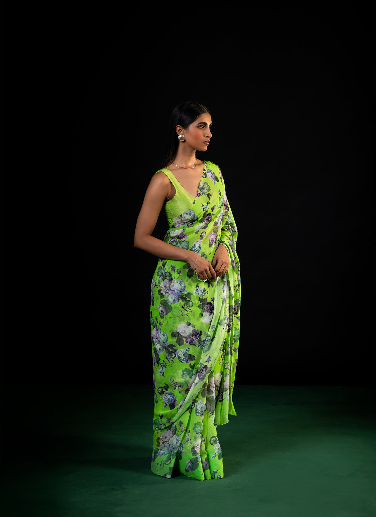Mehfil - Parrot Green Floral Print Saree