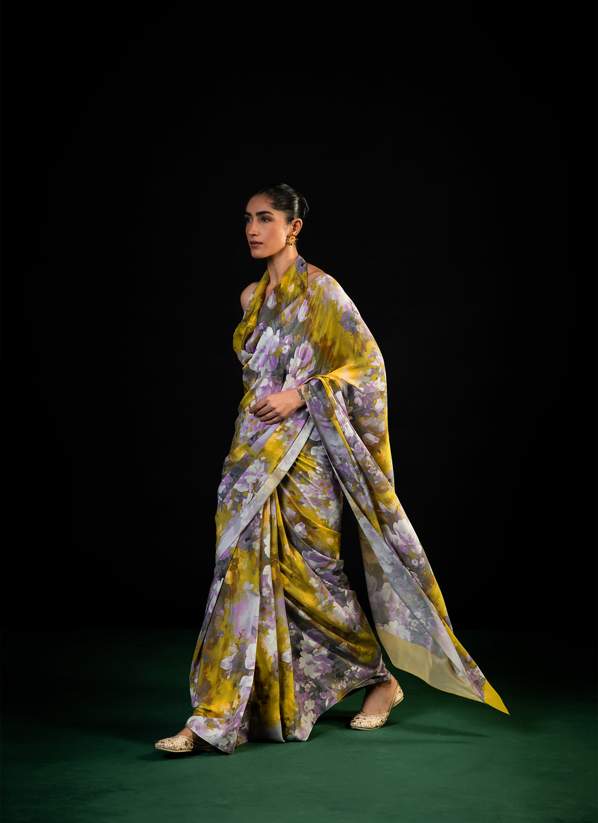 Gulaal - Olive Floral Print Saree