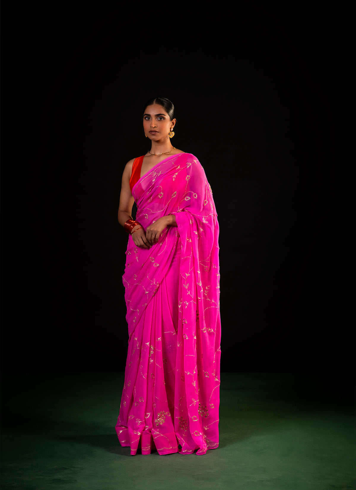 Vine - Pink Silk Chiffon Embroidered Saree
