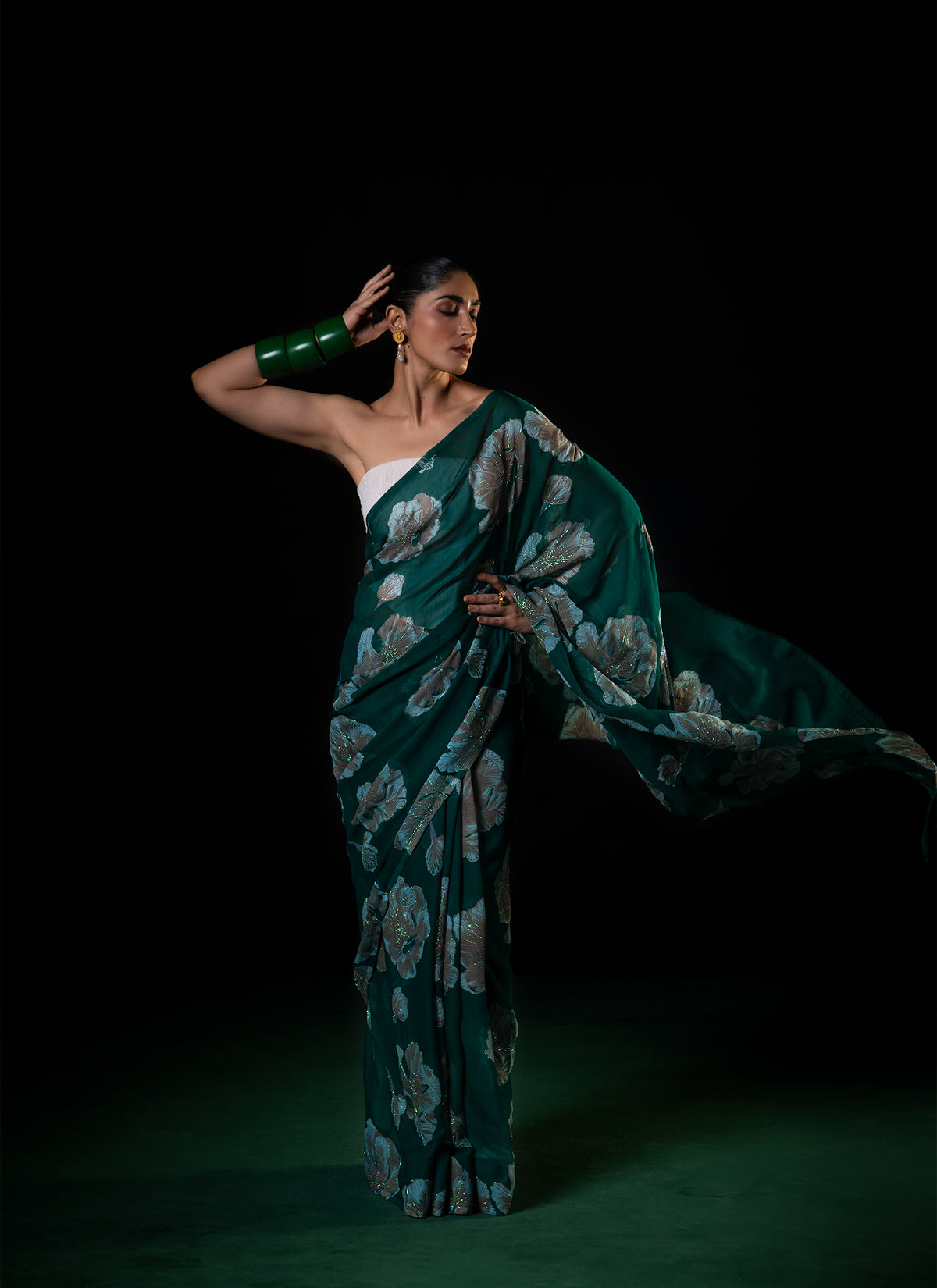 Meadow - Green Floral Silk Chiffon Embroidered Saree