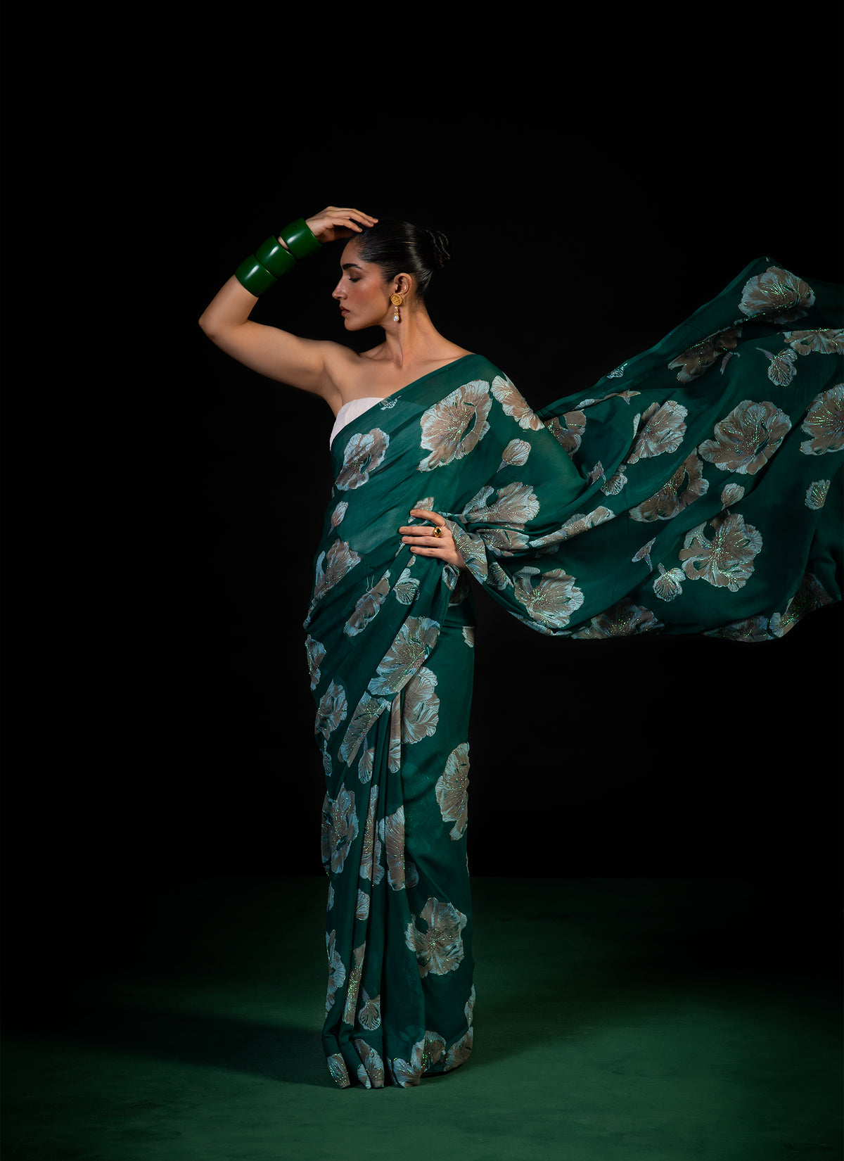 Meadow - Green Floral Silk Chiffon Embroidered Saree