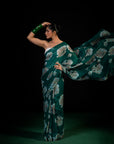 Meadow - Green Floral Silk Chiffon Embroidered Saree