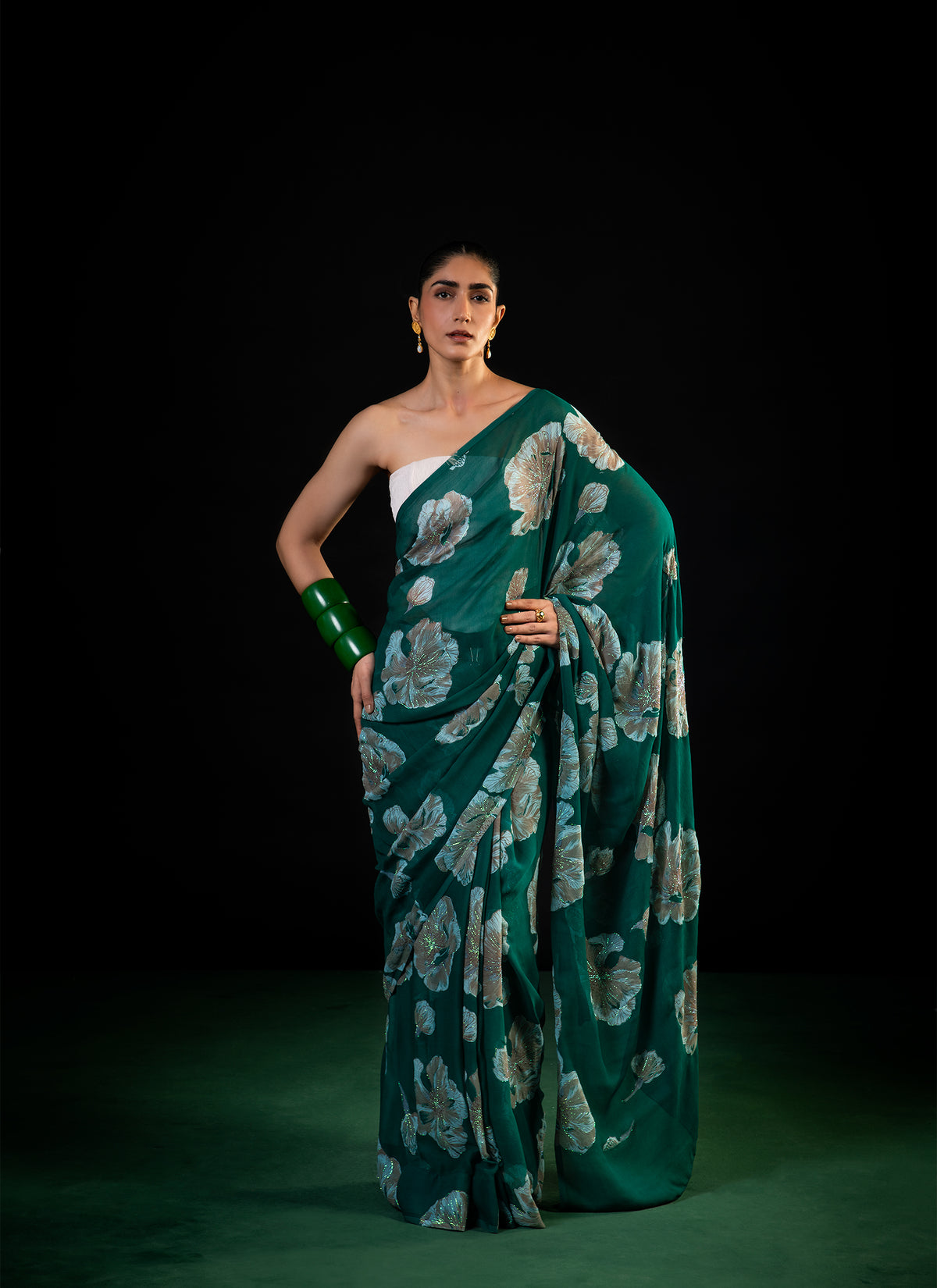 Meadow - Green Floral Silk Chiffon Embroidered Saree