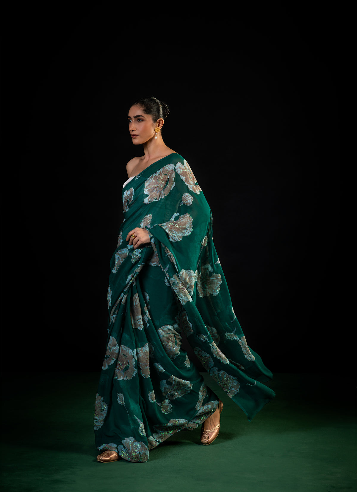 Meadow - Green Floral Silk Chiffon Embroidered Saree