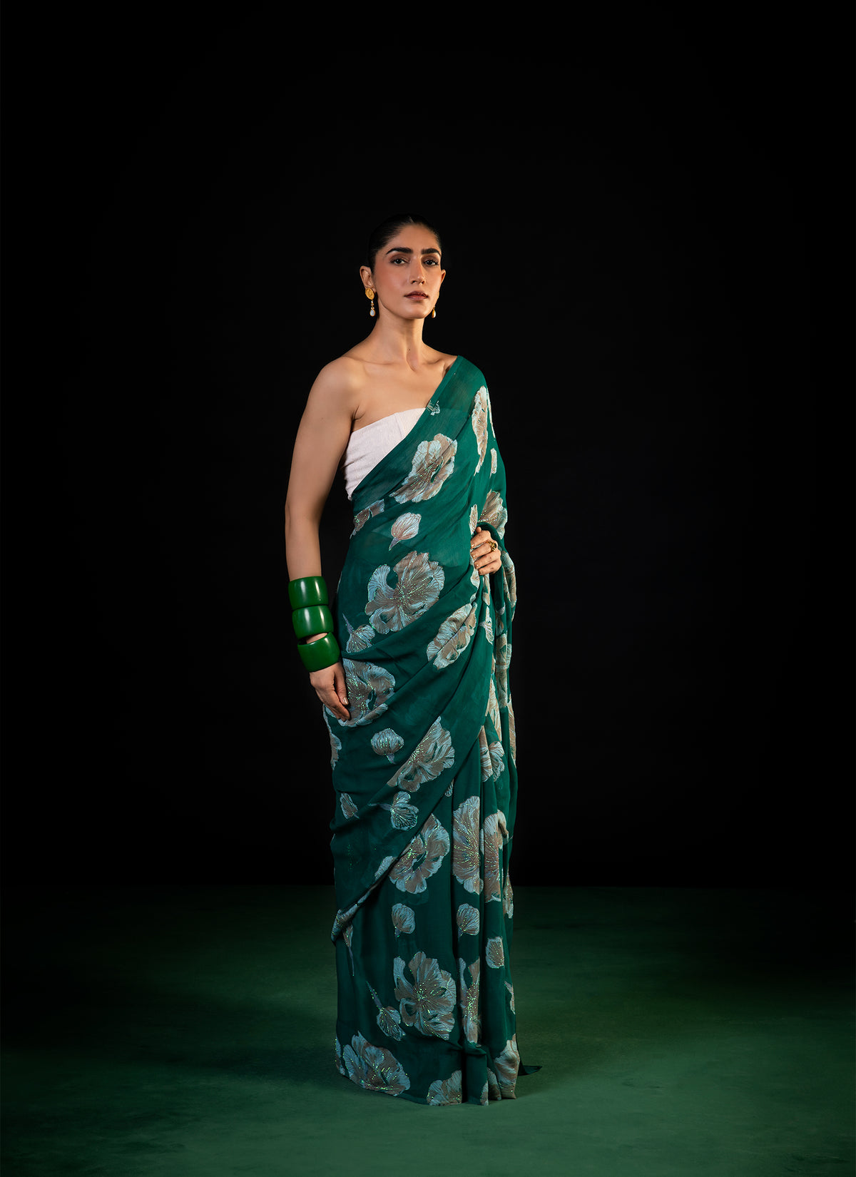 Meadow - Green Floral Silk Chiffon Embroidered Saree