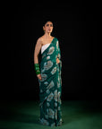 Meadow - Green Floral Silk Chiffon Embroidered Saree