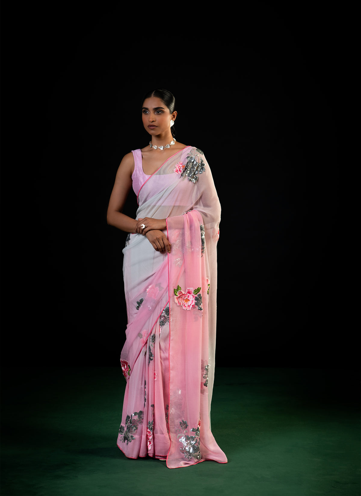 Magnolia - Shaded Pink Silk Chiffon Embroidered Saree