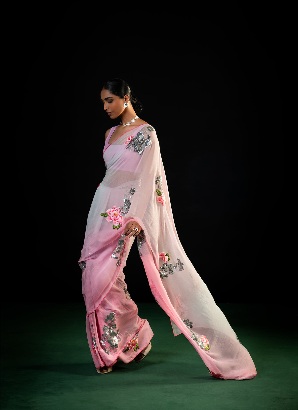 Magnolia - Shaded Pink Silk Chiffon Embroidered Saree