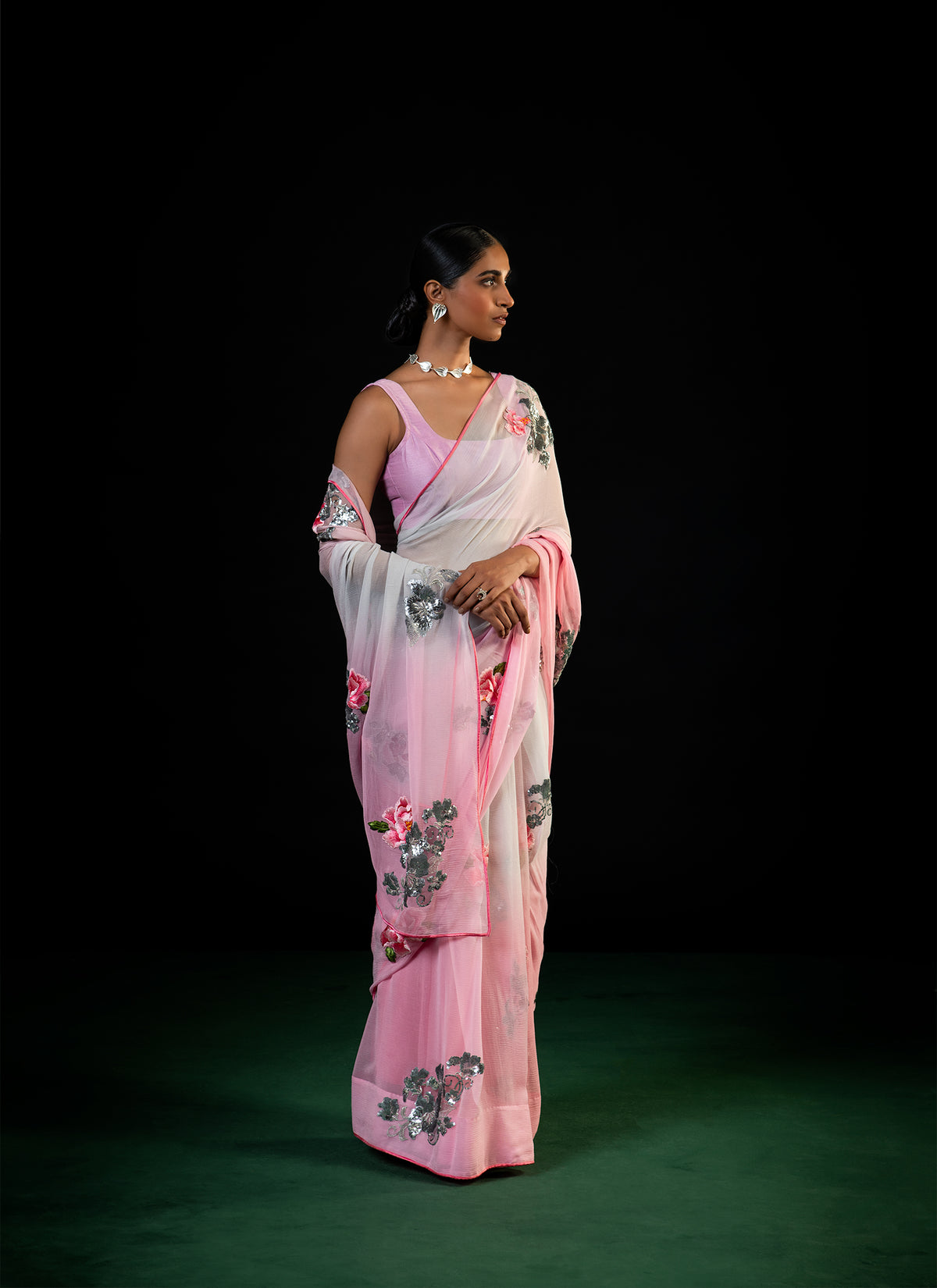 Magnolia - Shaded Pink Silk Chiffon Embroidered Saree