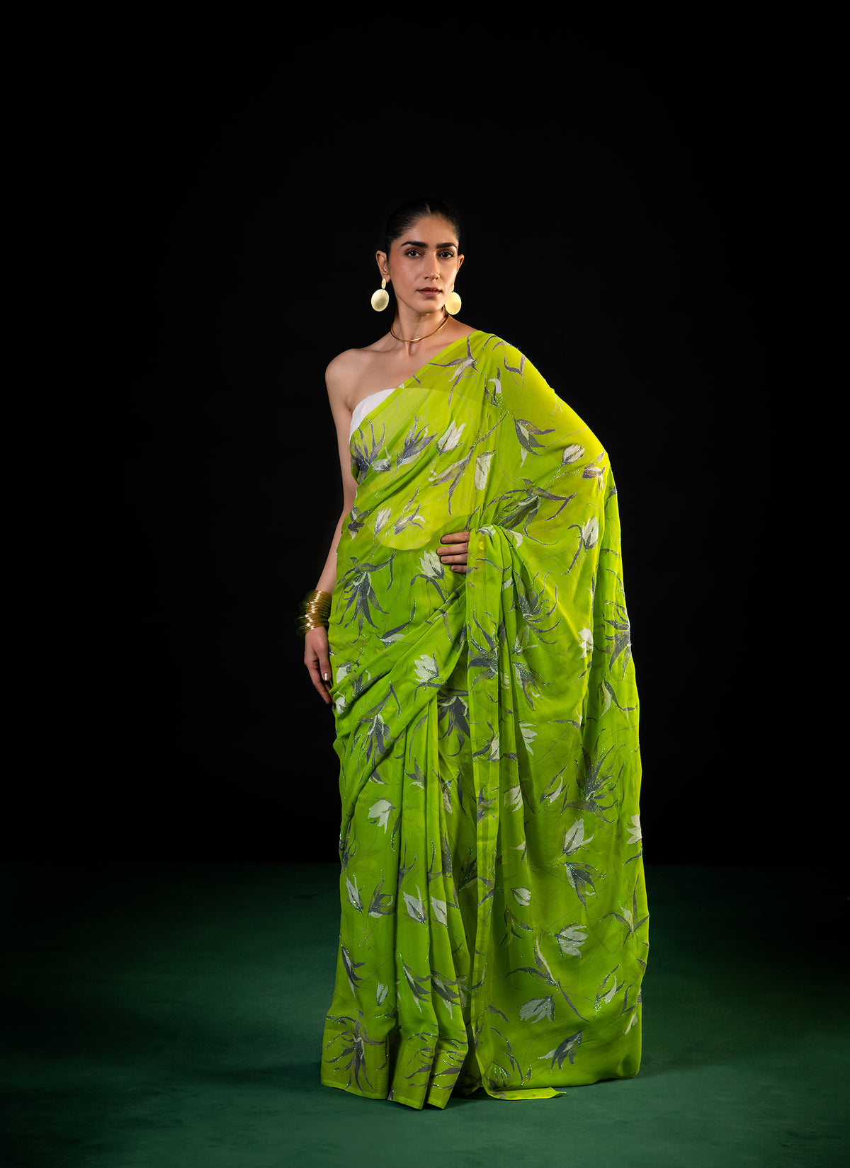 Vineyard - Teal Silk Chiffon Embroidered Saree