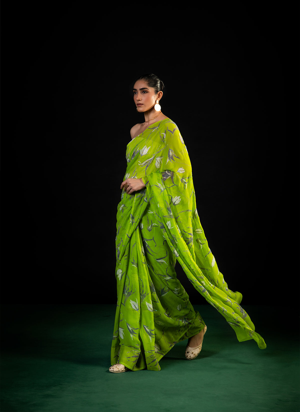 Vineyard - Teal Silk Chiffon Embroidered Saree