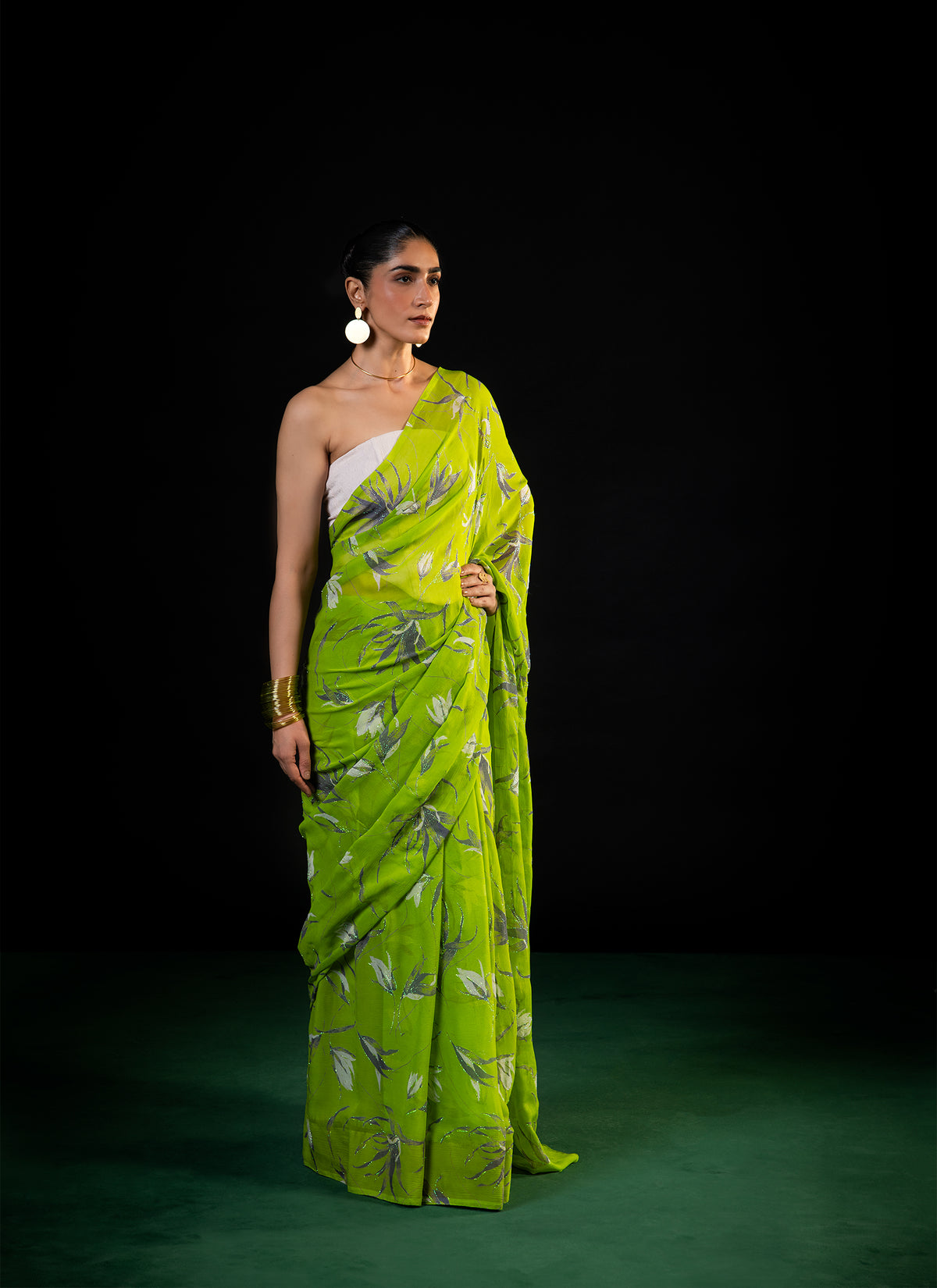 Vineyard - Teal Silk Chiffon Embroidered Saree