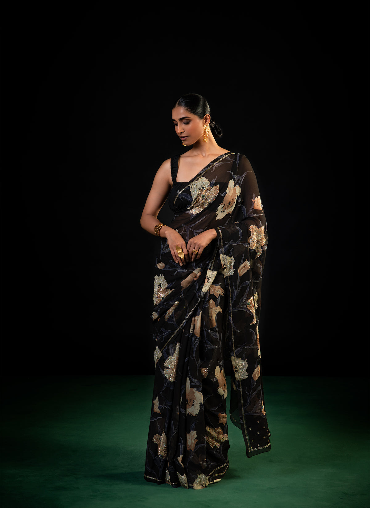 Lantern - Black Lily Silk Chiffon Embroidered Saree