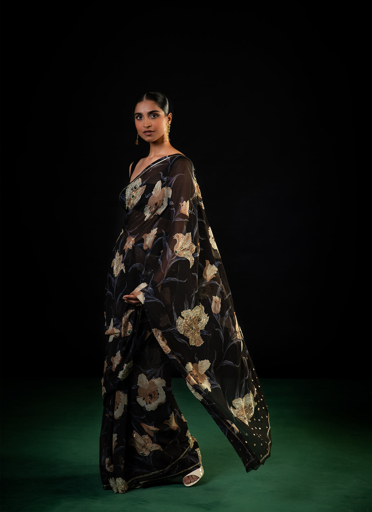 Lantern - Black Lily Silk Chiffon Embroidered Saree