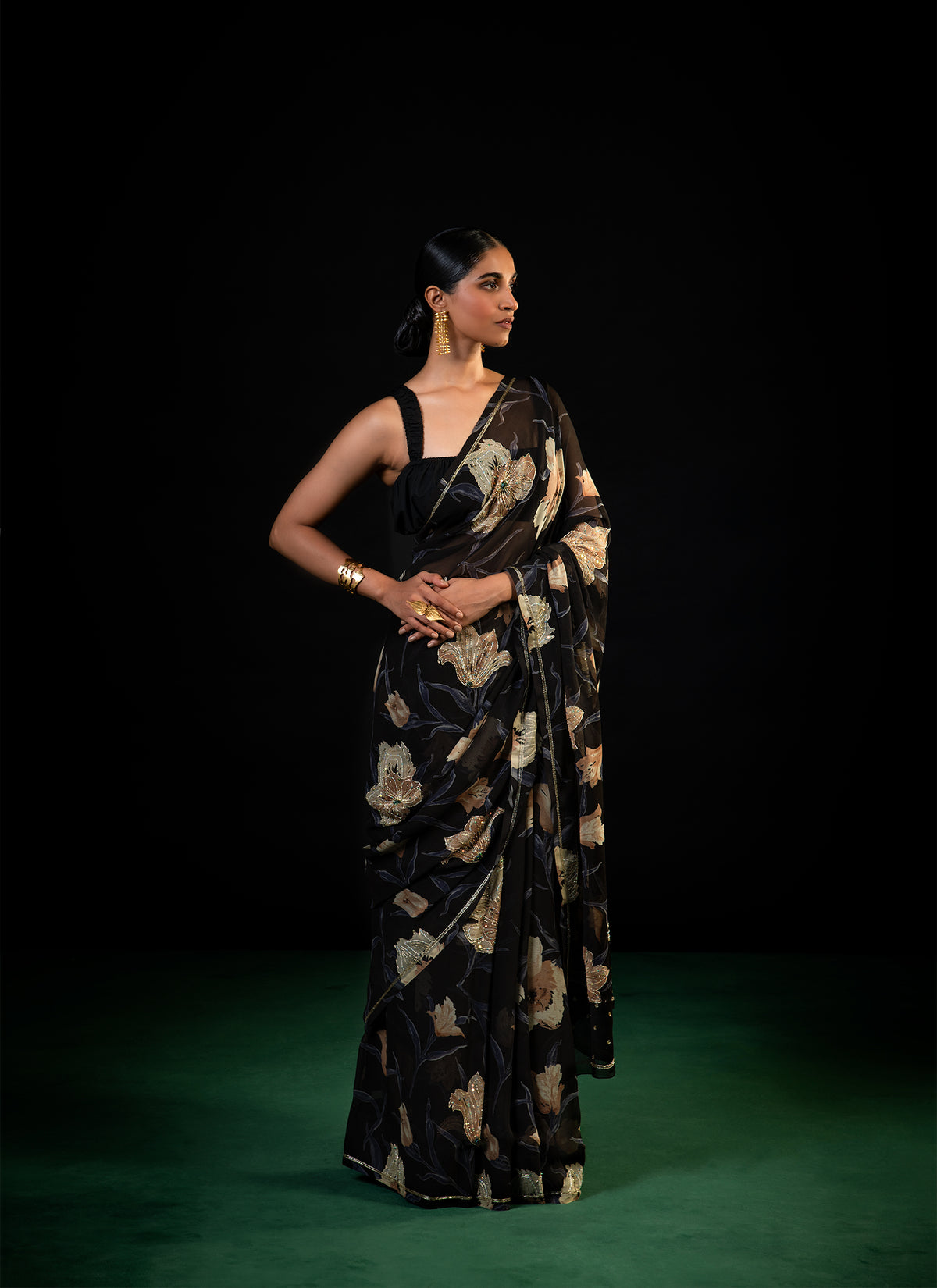 Lantern - Black Lily Silk Chiffon Embroidered Saree