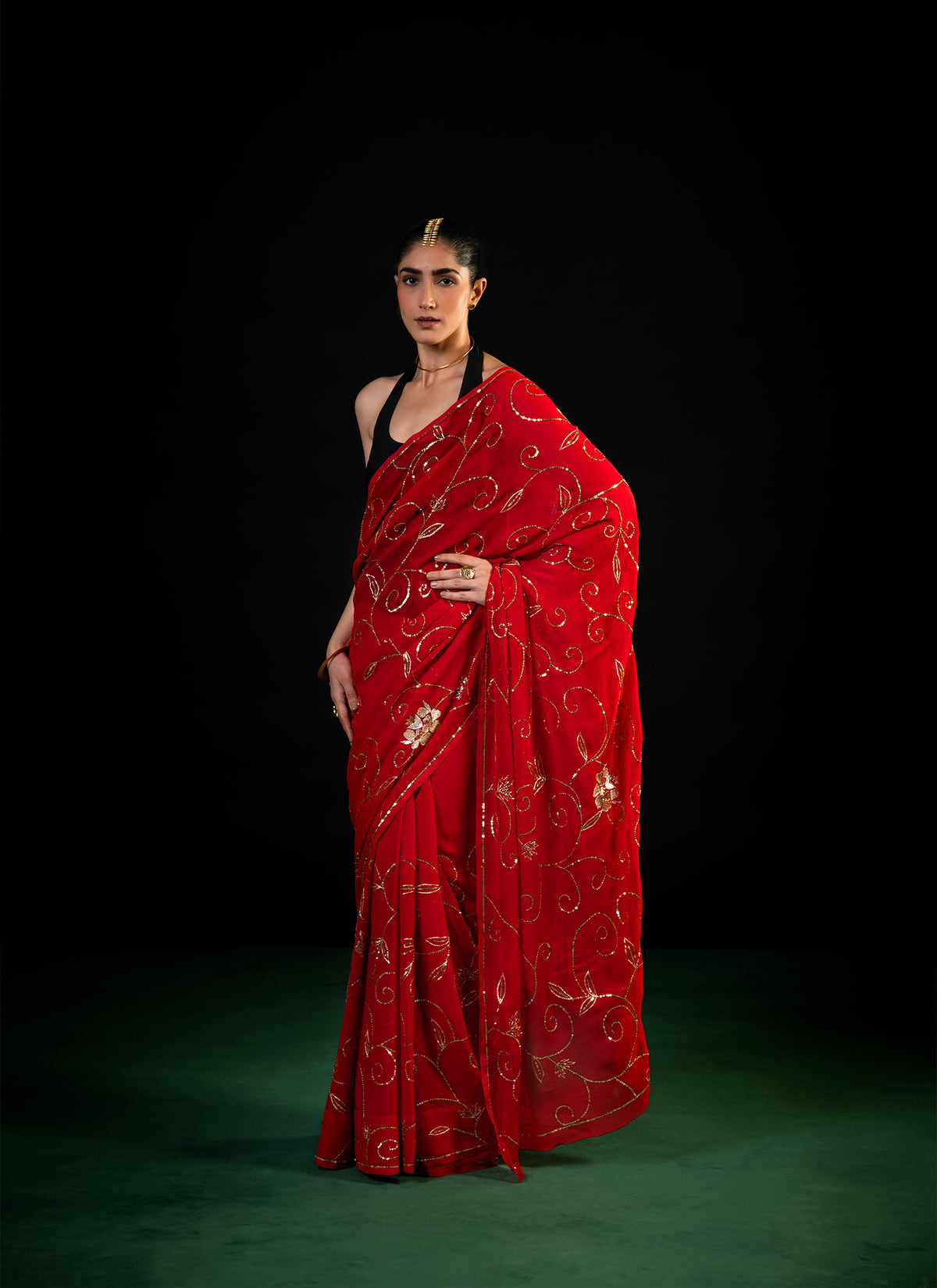 Harvest - Red Silk Chiffon Embroidered Saree