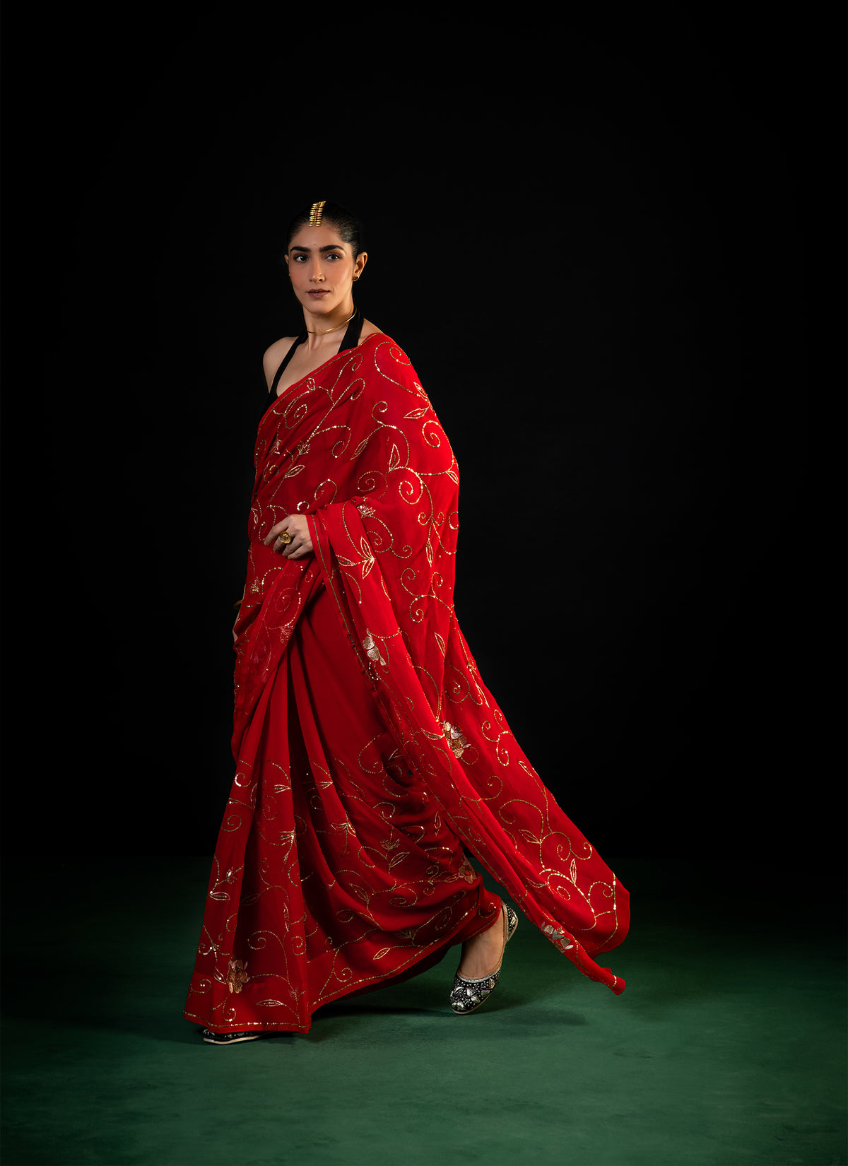 Harvest - Red Silk Chiffon Embroidered Saree