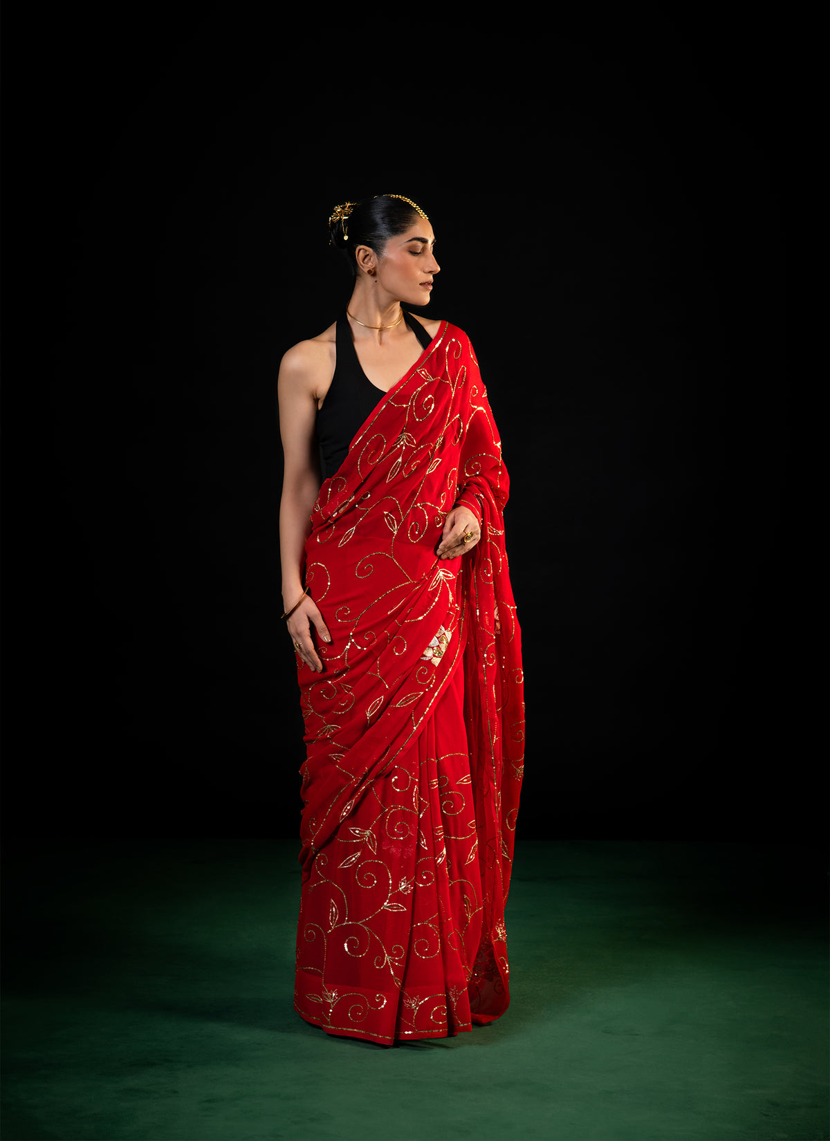 Harvest - Red Silk Chiffon Embroidered Saree
